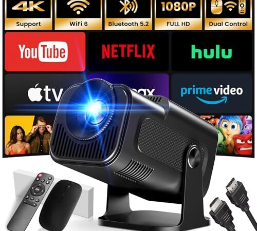 [App Integrada] 2025 Upgraded Proyector Portátil 1920x1080P Nativo 4K Supote ANSI Videoproyector Dual Control TV WiFi 6 BT5.2 180° Rotation HDMI/TV Stick/USB/PS5/Laptop, con Cable HDMI y Ratón Negro