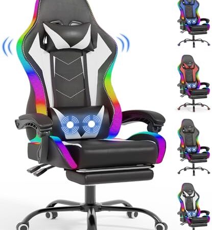 Devoko Silla Gaming con Masajeador y LED, Silla de Oficina Ergonómica con Reposapiés, Sillas Gaming para Oficina y Juegos con Iluminación RGB（Blanco）