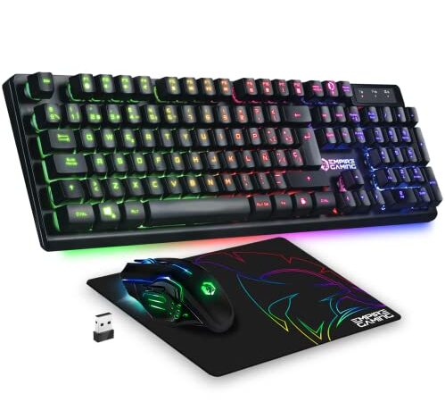 Empire Gaming - Armor RF800 Teclado y Ratón para Gamers Inalámbrico Recargable QWERTY(Layout Español) con Mouse Pad-RGB Wireless 2.4Ghz Keyboard-4800 dpi Mouse-PC PS4 PS5 Xbox One/Series Mac-Negro