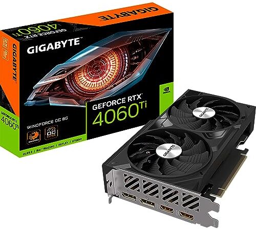 Gigabyte Tarjeta gráfica NVIDIA GeForce RTX 4060 Ti WINDFORCE OC, 8 GB GDDR6, 128 bits, PCI-E 4.0, Reloj de núcleo de 2550 MHz, 2 DP 1.4, 2 HDMI 2.1a, NVIDIA DLSS 3 - GV-N406TWF2OC-8GD