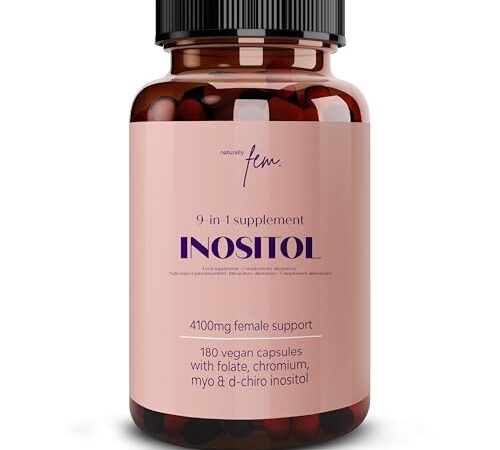 Inositol FEM Myo & D-Chiro 4100mg Capsulas para PCOS, Equilibrio Hormonal, Suplemento 9-en-1 Inositol, Folato 5-MTHF, Cromo, Zinc, B6, B12, D3, Selenio & Manganeso, 100% Vegano