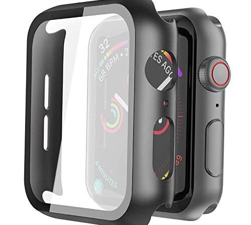 Misxi Negro Funda Apple Watch Serie 6 / SE/Series 5 / Serie 4 44mm con Protector de Pantalla Cristal Templado [2-Piezas], HD Protección Completa Carcasa para iWatch - Negro