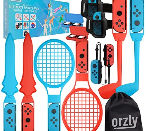 Orzly Switch Sports Pack Paquete de accesorios Nintendo Switch OLED Juegos deportivos, raquetas de tenis, palos de golf, espadas Chambara, correa para la pierna de fútbol, ​​empuñaduras Joycon y bolsa