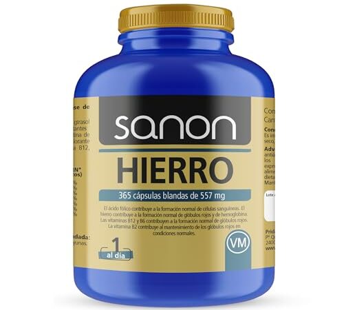 SANON Hierro Suplemento - 365 Cápsulas de 556,8 mg - Ácido Fólico y Vitamina B12, B1, B2, B3 y B6 - Ayuda a Combatir el Cansancio y la Fatiga - Contribuye Formación de Glóbulos Rojos y Hemoglobina