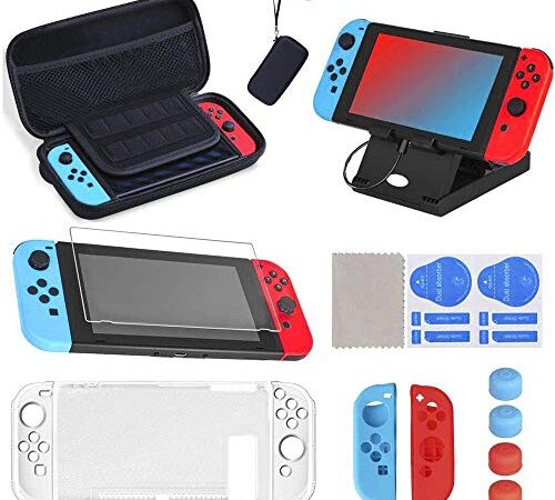 17 en 1 Kit de Accesorios para Nintendo Switch, Funda para Nintendo Switch con 10 Cartucho de Juego | 2 Protector de Pantalla | Carcasa de Silicona y Plastico | Tapas para Joystick | Soporte Ajustable