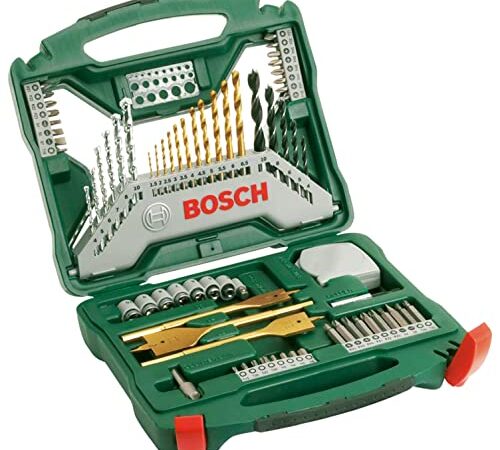 Bosch 70 uds. Set de brocas y puntas de atornillar X-Line de titanio (para madera, mampostería y metal, incluye cinta métrica y brocas fresadoras planas, accesorios para taladro y destornillador)