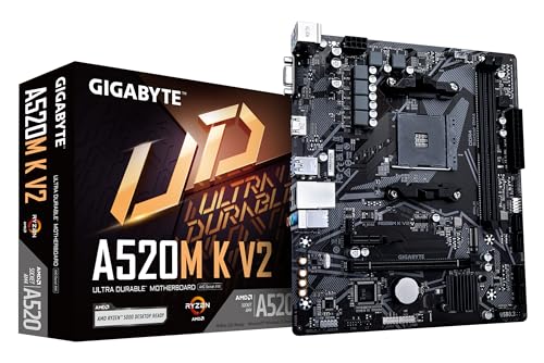 GIGABYTE Placa Base A520M K V2 - Compatible con CPUs AMD Ryzen Serie 5000 AM4, hasta 5100MHz DDR4 (OC), PCIe Gen3 x4 M.2, LAN GbE, USB 3.2 Gen 1