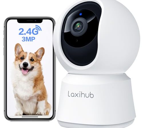 LAXIHUB 2K/3MP Camara Vigilancia WiFi Interior, 2.4GHz Camaras Vigilancia Domicilio WiFi, PTZ 355° Cámara para Perros y Mascotas en Casa con Voz, Visión Nocturna, Audio Bidireccional, con Alexa & App