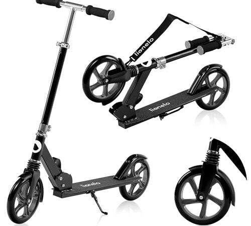 lionelo Luca Patinete Urbano XXL hasta 100 kg, Scooter para niños, Grandes Ruedas 200 mm ShockResist Amortiguador, Volante Ajustable Altura, Freno Plegable (Negro)